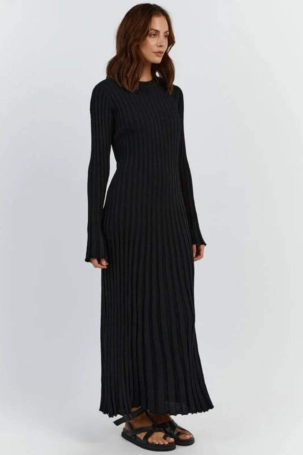 Olga | Vestido Longo em Tricô Canelado Off-White com Manga Longa