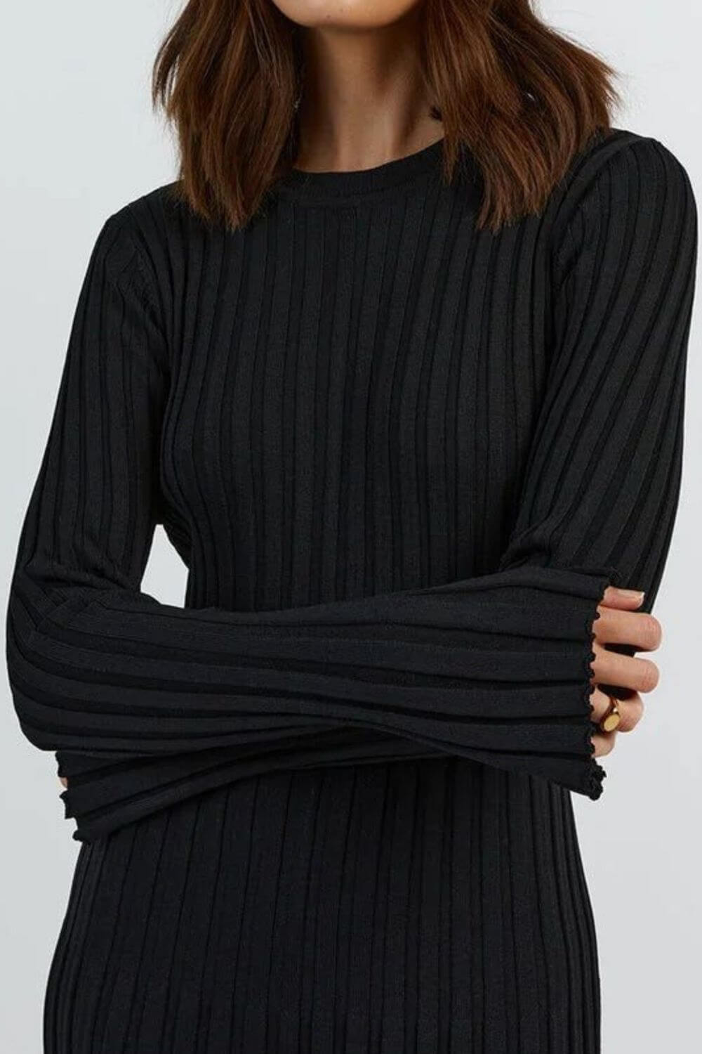Olga | Vestido Longo em Tricô Canelado Off-White com Manga Longa