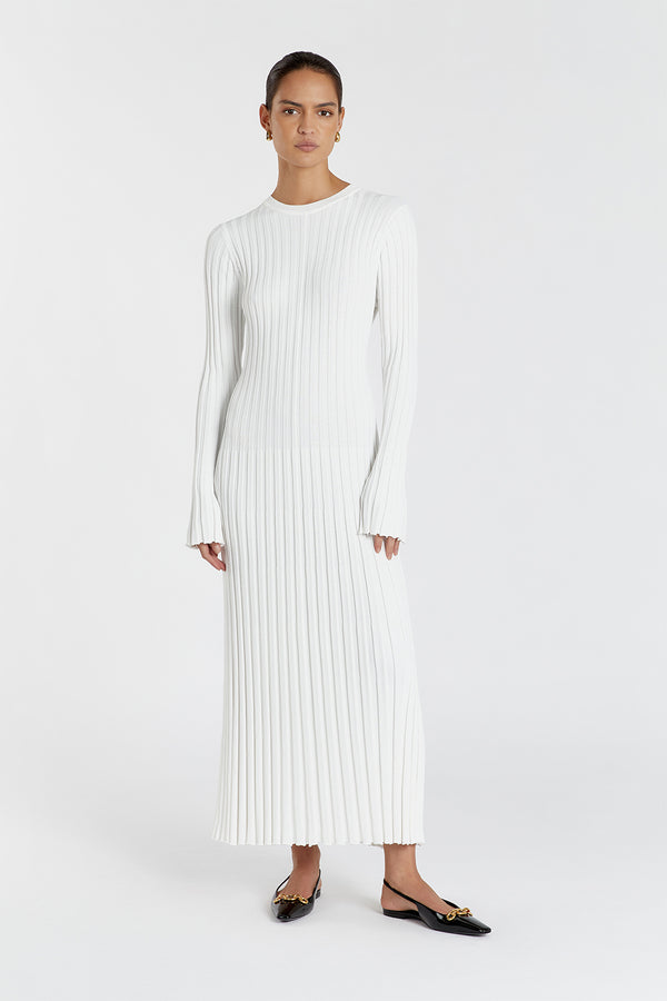 Olga | Vestido Longo em Tricô Canelado Off-White com Manga Longa