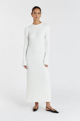 Olga | Vestido Longo em Tricô Canelado Off-White com Manga Longa