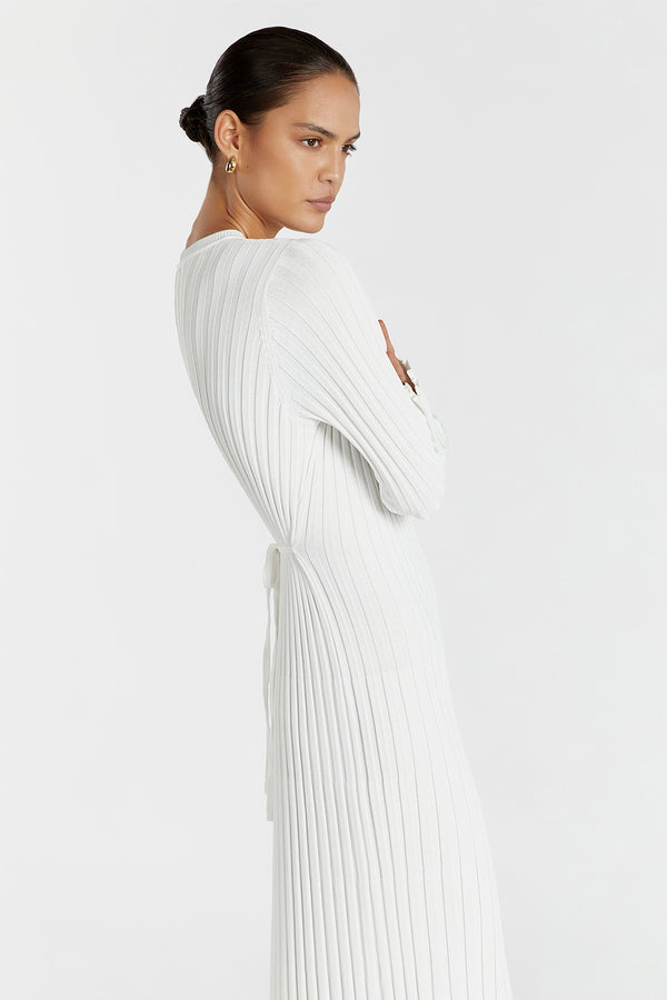 Olga | Vestido Longo em Tricô Canelado Off-White com Manga Longa