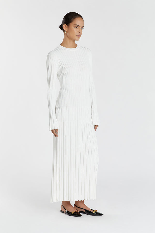 Olga | Vestido Longo em Tricô Canelado Off-White com Manga Longa