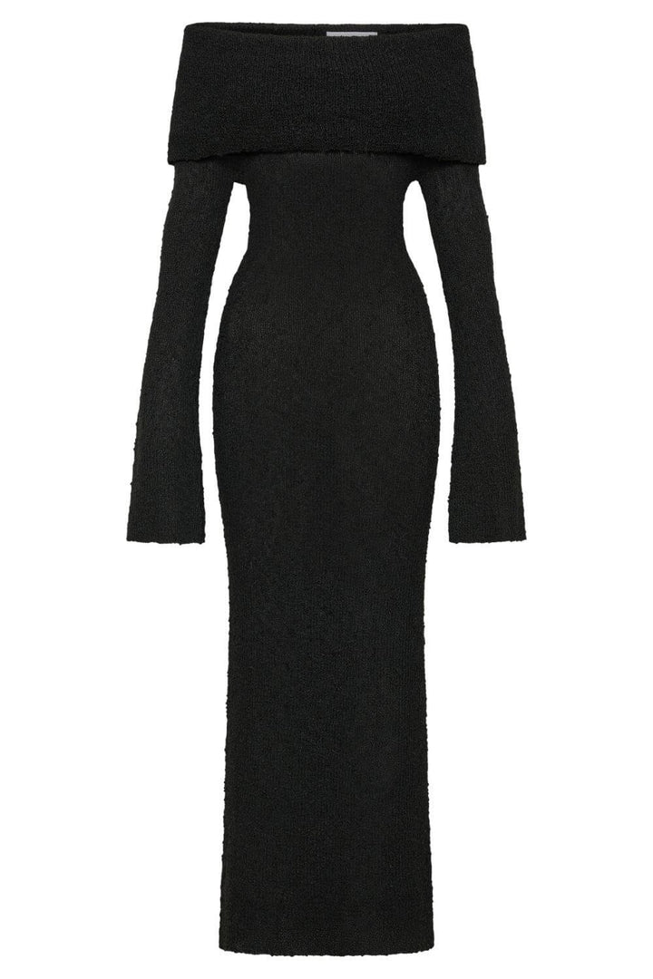 Camila | Vestido Longo Preto Off-Shoulder com Manga Longa