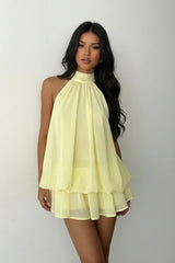 Lina | Macaquinho Curto em Chiffon com Camadas e Gola Halter