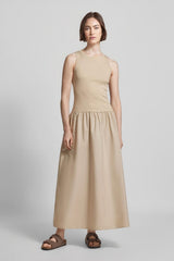 Georgina | Vestido Midi Nude em Poliamida com Cintura Franzida
