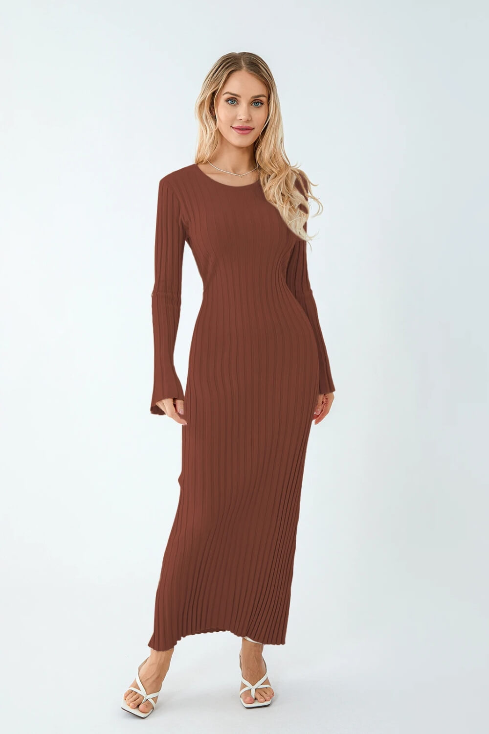 Olga | Vestido Longo em Tricô Canelado Off-White com Manga Longa