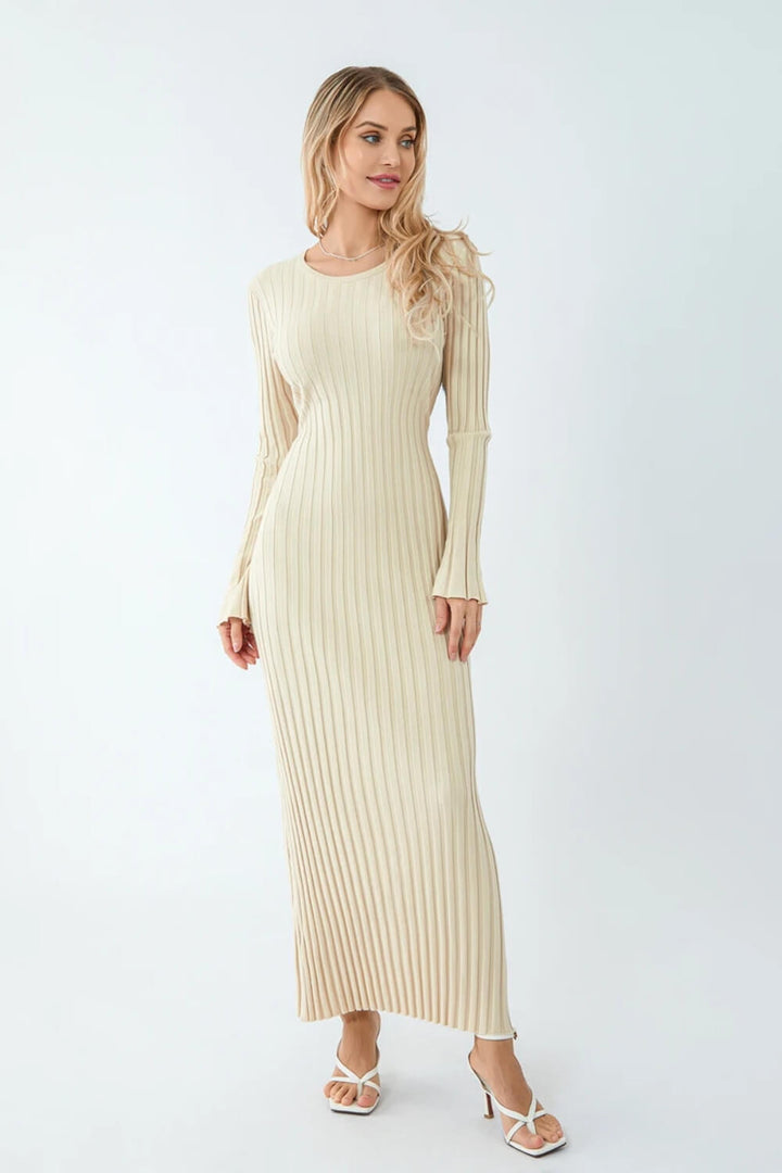 Olga | Vestido Longo em Tricô Canelado Off-White com Manga Longa