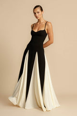 Romana | Vestido Longo Preto e Off-White com Painéis e Alça Ajustável