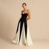 Romana | Vestido Longo Preto e Off-White com Painéis e Alça Ajustável