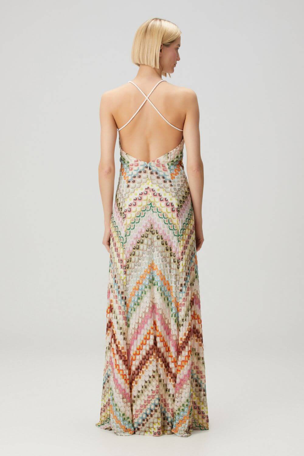 Aleth | Vestido Longo em Renda Chevron Terracota com Alças Cruzadas