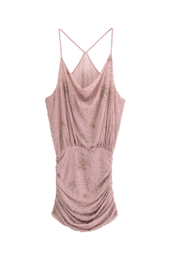 Rose | Vestido Mini em Renda Rosê com Cowl Neck e Bordado Sutil