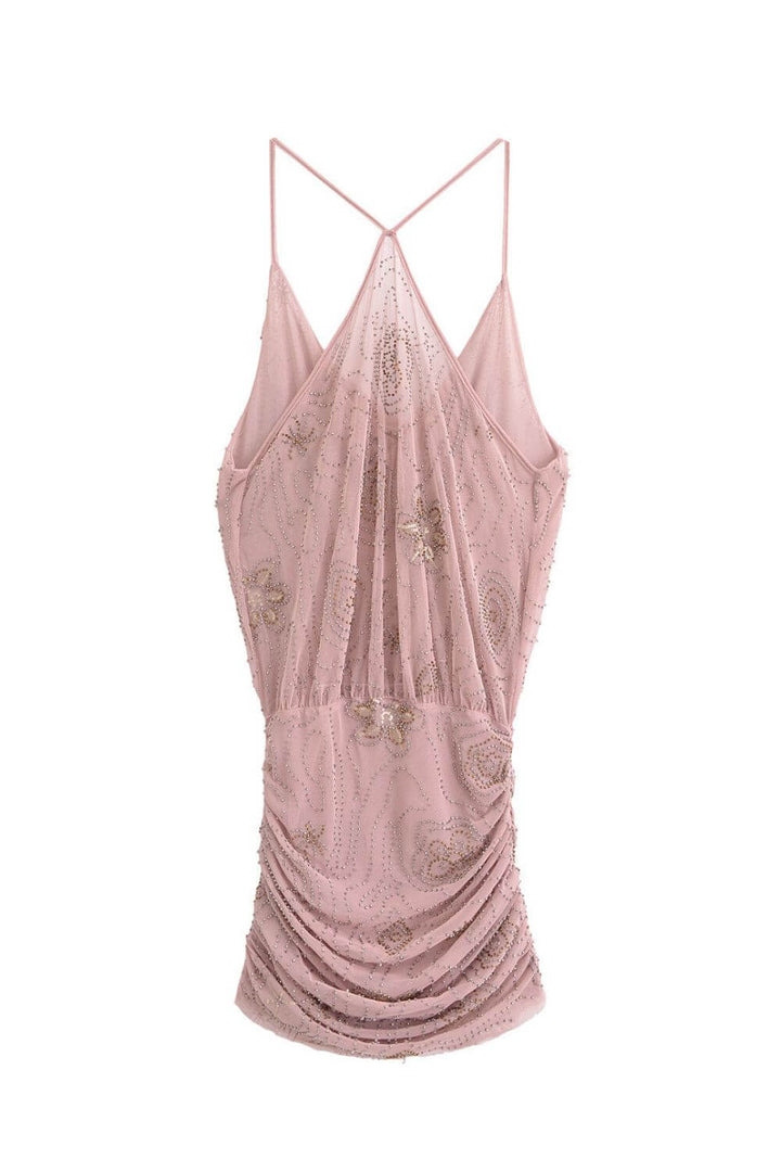 Rose | Vestido Mini em Renda Rosê com Cowl Neck e Bordado Sutil
