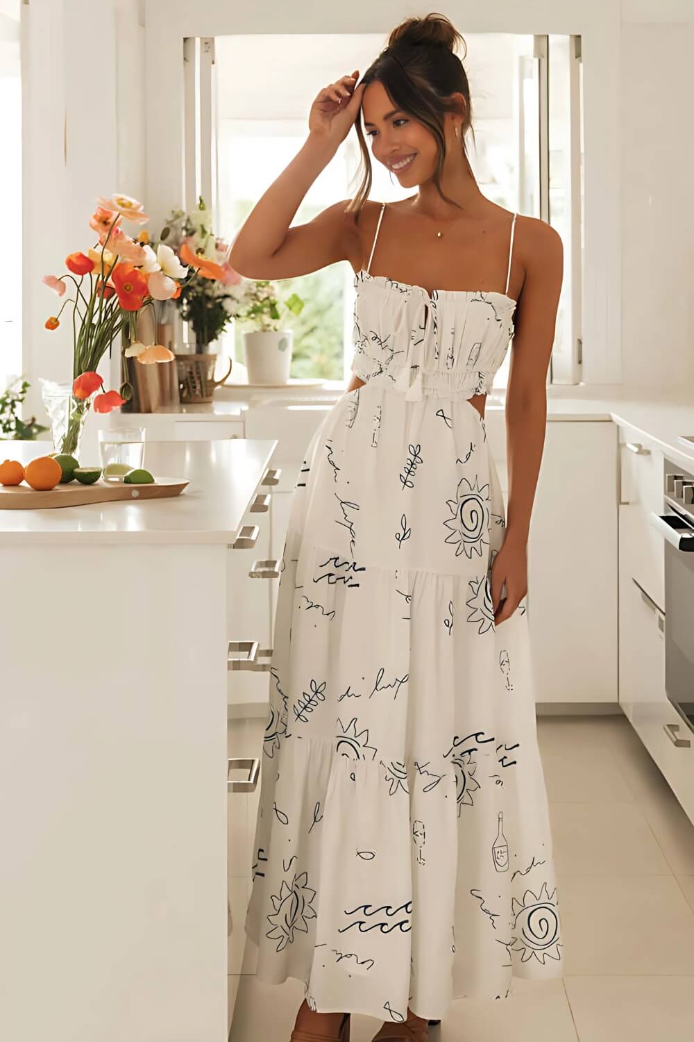 Lívia | Vestido Midi Branco com Estampa Botânica e Forro