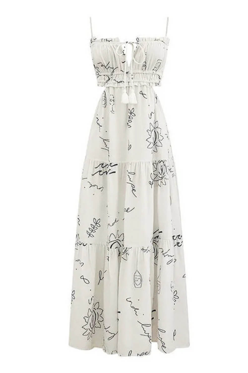 Lívia | Vestido Midi Branco com Estampa Botânica e Forro