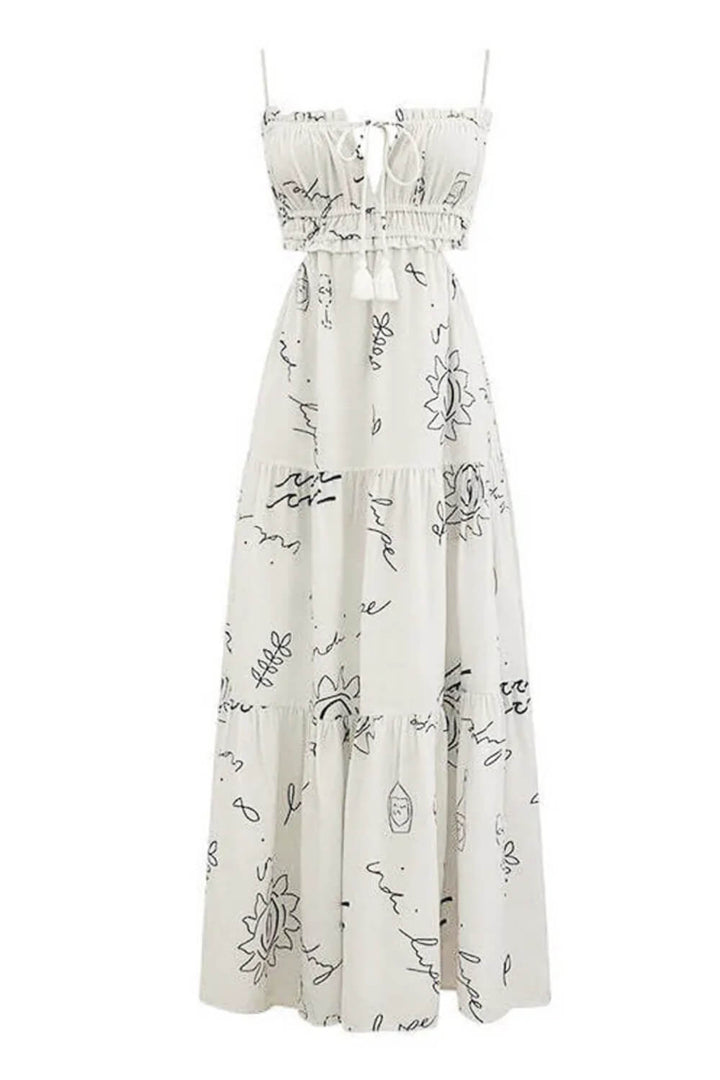 Lívia | Vestido Midi Branco com Estampa Botânica e Forro