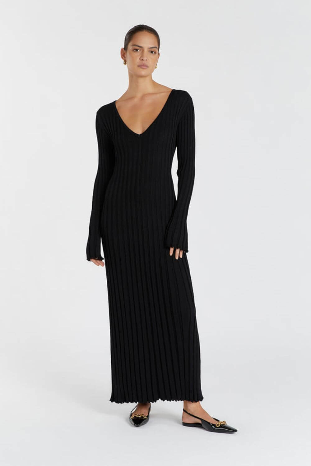 Marta | Vestido Longo em Tricô com Decote em V e Manga Longa